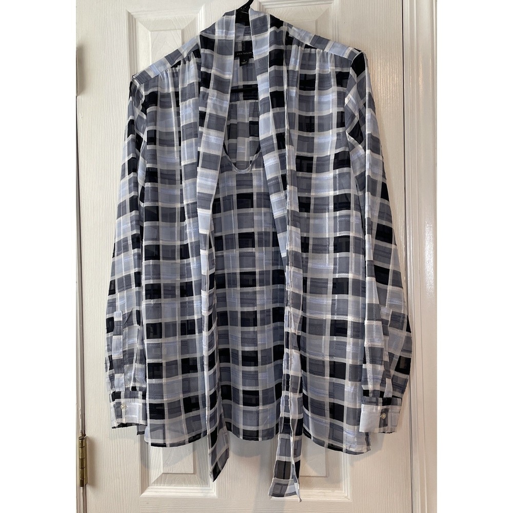 Ann Taylor Sheer Blouse Small Blue Plaid Tie Neck Long Sleeve Office Workwear - Picture 1 of 16